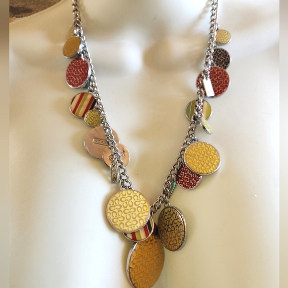 COACH Rare HTF Chunky Silver Metal Logo Yellow GOLD Charm CC Toggle Necklace - Picture 7 of 12